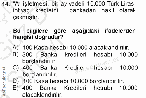 14. soru: "A" işletmesi, bir ay vadeli 10.000 Türk Lirası ihtiyaç kredisini bankadan nakit olarak çekmiştir. Bu bilgilere göre…
