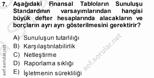 7. soru: Aşağıdaki Finansal Tabloların Sunuluşu Standardının varsayımlarından hangisi büyük defter hesaplarında alacakların ve…