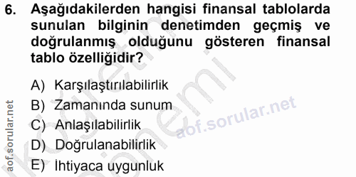 6. soru: Aşağıdakilerden hangisi finansal tablolarda sunulan bilginin denetimden geçmiş ve doğrulanmış olduğunu gösteren finan…