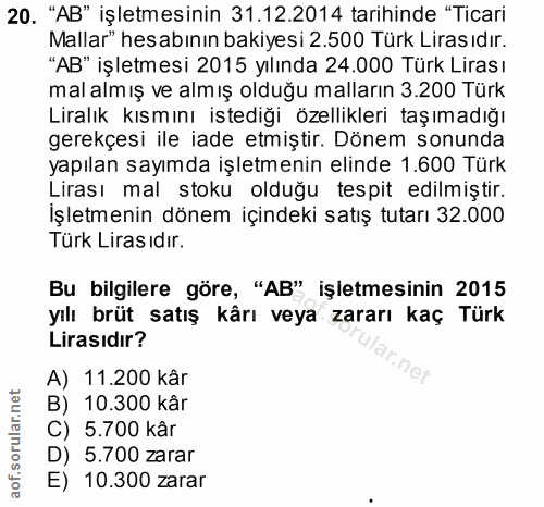 20. soru: "AB" işletmesinin 31.12.2014 tarihinde "Ticari Mallar" hesabının bakiyesi 2.500 Türk Liras ıdır. "AB" işletmesi 2015…