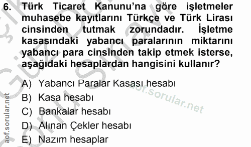 6. soru: Türk Ticaret Kanunu'na göre işletmeler muhasebe kayıtlarını Türkçe ve Türk Lirası cinsinden tutmak zorundadır. İşletm…