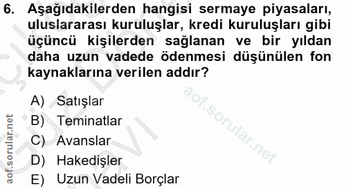 6. soru: Aşağıdakilerden hangisi sermaye piyasaları, uluslararası kuruluşlar, kredi kuruluşları gibi üçüncü kişilerden sağlana…