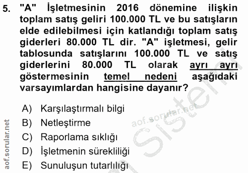 5. soru: "A" İşletmesinin 2016 dönemine ilişkin toplam satış geliri 100.000 TL ve bu satışların elde edilebilmesi için katland…