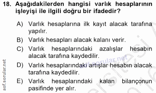 18. soru: Aşağıdakilerden hangisi varlık hesaplarının işleyişi ile ilgili doğru bir ifadedir? A) Varlık hesaplarına ilk kayıt a…