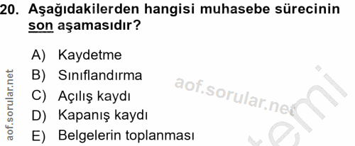 20. soru: Aşağıdakilerden hangisi muhasebe sürecinin son aşamasıdır? A) Kaydetme B) Sınıflandırma aof.sorular.ne C) Açılış kayd…
