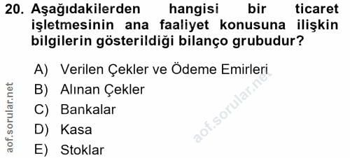 20. soru: Aşağıdakilerden hangisi bir ticaret işletmesinin ana faaliyet konusuna ilişkin bilgilerin gösterildiği bilanço grubud…