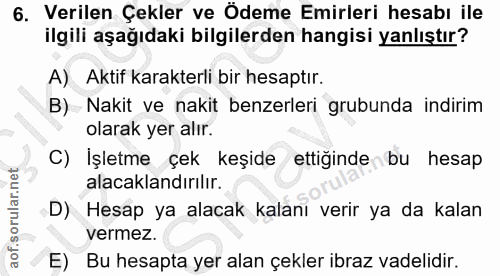 6. soru: Verilen Çekler ve Ödeme Emirleri hesabı ile ilgili aşağıdaki bilgilerden hangisi yanlıştır? A) Aktif karakterli bir h…