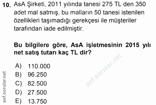 10. soru: AsA Şirketi, 2011 yılında tanesi 275 TL den 350 adet mal satmış, bu malların 50 tanesi istenilen özellikleri taşımadı…