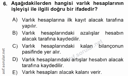 6. soru: Aşağıdakilerden hangisi varlık hesaplarının işleyişi ile ilgili doğru bir ifadedir? A) Varlık hesaplarına ilk kayıt a…