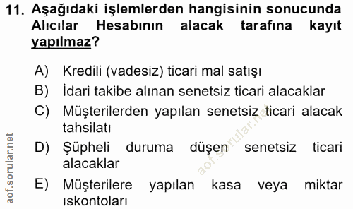 11. soru: Aşağıdaki işlemlerden hangisinin sonucunda Alıcılar Hesabının alacak tarafına kayıt yapılmaz? A) Kredili (vadesiz) ti…