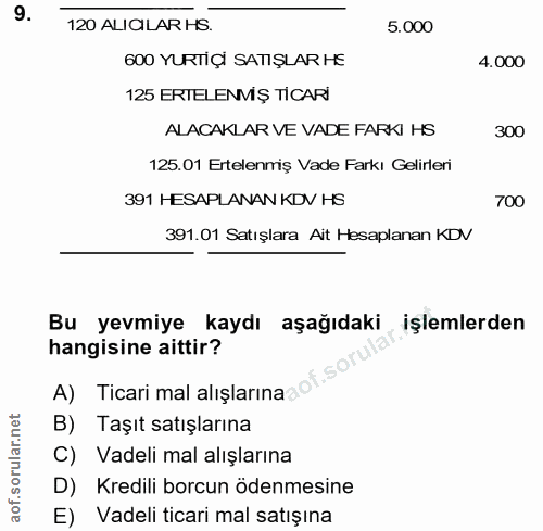 9. soru: 120 ALIGLAR HS. 5.000 600 YURTİÇI SATIŞLAR HE 4.000 125 ERTELENMIŞ TICARI ALACAKLAR VE VADE FARKI HS 300 125.01 Ertel…