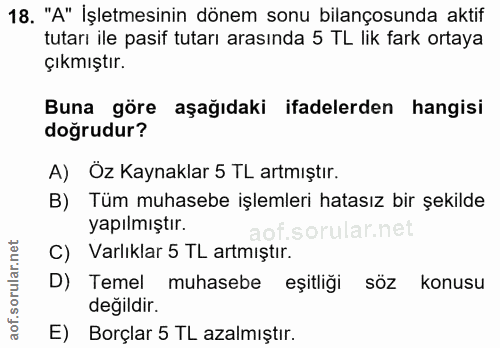 18. soru: "A" İşletmesinin dönem sonu bilançosunda aktif tutarı ile pasif tutarı arasında 5 TL lik fark ortaya çıkmıştır. Buna…