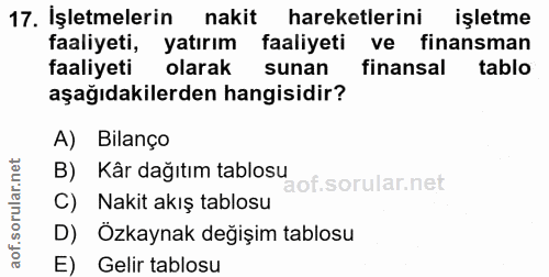 17. soru: Işletmelerin nakit hareketlerini işletme faaliyeti, yatırım faaliyeti ve finansman faaliyeti olarak sunan finansal ta…