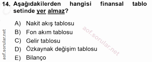 14. soru: Aşağıdakilerden hangisi finansal tablo setinde yer almaz? A) Nakit akış tablosu B) Fon akım tablosu C) Gelir tablosu…