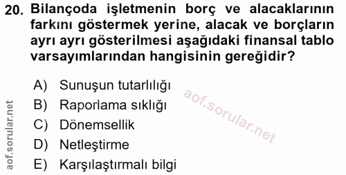 20. soru: Bilançoda işletmenin borç ve alacaklarının farkını göstermek yerine, alacak ve borçların ayrı ayrı gösterilmesi aşağı…