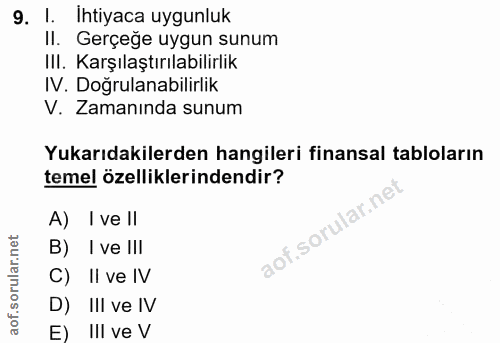 9. soru: 1. Ihtiyaca uygunluk II. Gerçeğe uygun sunum III. Karşılaştırılabilirlik IV. Doğrulanabilirlik V. Zamanında sunum Yuk…