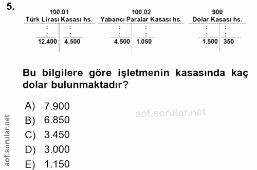 5. soru: 01 100.02 900 Türk Lirası Kasası hs. Yabancı Paralar Kasası hs. Dolar Kasası hs. 12,400 4.500 4.500 1.050 1.500 350 B…