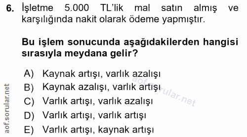6. soru: İşletme 5.000 TL'lik mal satın | almış ve karşılığında nakit olarak ödeme yapmıştır. Bu işlem sonucunda aşağıdakilerd…