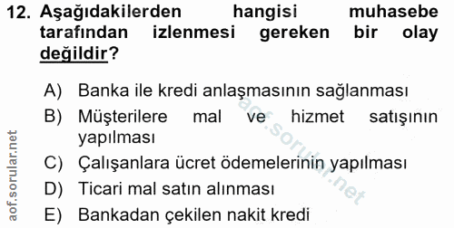 12. soru: Aşağıdakilerden hangisi muhasebe tarafından izlenmesi gereken bir olay değildir? A) Banka ile kredi anlaşmasının sağl…