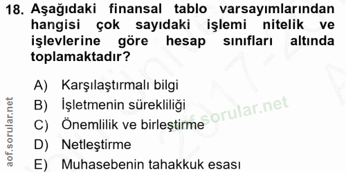 18. soru: Aşağıdaki finansal tablo varsayımlarından hangisi çok sayıdaki işlemi nitelik ve işlevlerine göre hesap sınıfları alt…
