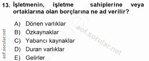 13. soru: İşletmenin, işletme sahiplerine veya ortaklarına olan borçlarına ne ad verilir? A) Dönen varlıklar B) Özkaynaklar C)…