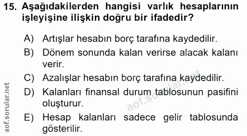 15. soru: Aşağıdakilerden hangisi varlık hesaplarının işleyişine ilişkin doğru bir ifadedir? A) Artışlar hesabın borç tarafına…