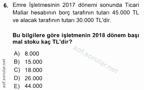 6. soru: Emre İşletmesinin 2017 dönemi sonunda Ticari Mallar hesabının borç tarafının tutarı 45.000 TL ve alacak tarafının tut…