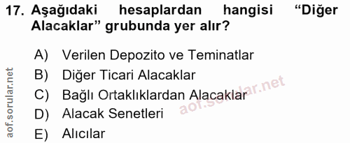 17. soru: Aşağıdaki hesaplardan hangisi "Diğer Alacaklar" grubunda yer alır? A) Verilen Depozito ve Teminatlar C) Bağlı Ortaklı…