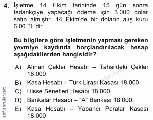 4. soru: İşletme 14 Ekim tarihinde 15 gün sonra tedarikçiye yapacağı ödeme için 3.000 dolar satın almıştır. 14 Ekim'de bir dol…