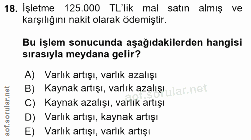 18. soru: İşletme 125.000 TL'lik mal satın almış ve karşılığını nakit olarak ödemiştir. Bu işlem sonucunda aşağıdakilerden hang…
