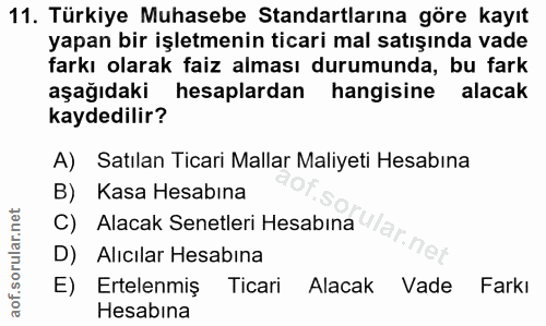 11. soru: Türkiye Muhasebe Standartlarına göre kayıt yapan bir işletmenin ticari mal satışında vade farkı olarak faiz alması du…
