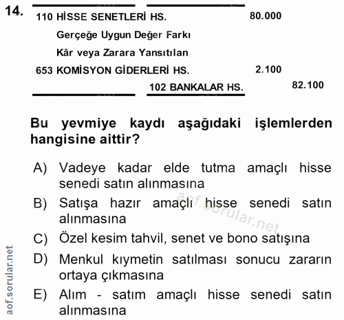 14. soru: 110 HİSSE SENETLERİ HS. 80.000 Gerçeğe Uygun Değer Farkı Kâr veya Zarara Yansıtılan 653 KOMİSYON GİDERLERİ HS. 2.100…
