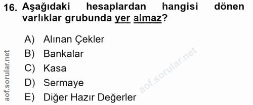 16. soru: Aşağıdaki hesaplardan hangisi dönen varlıklar grubunda yer almaz? A) Alınan Çekler B) Bankalar C) Kasa D) Sermaye aof…