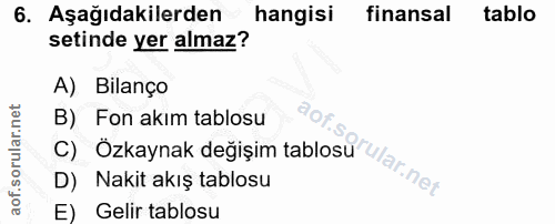 6. soru: Aşağıdakilerden hangisi finansal tablo setinde yer almaz? A) Bilanço C) Ozkaynak değişim tablosu ular.net B) Fon akım…