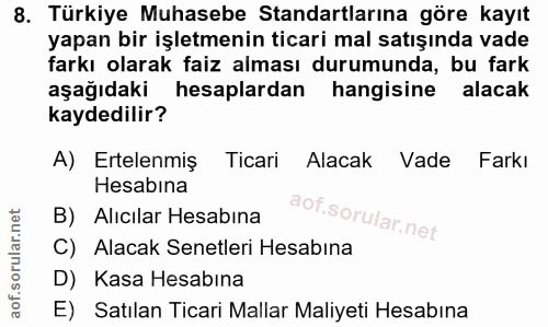 8. soru: Türkiye Muhasebe Standartlarına göre kayıt yapan bir işletmenin ticari mal satışında vade farkı olarak faiz alması du…