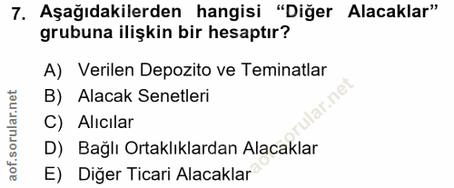 7. soru: Aşağıdakilerden hangisi "Diğer Alacaklar" grubuna ilişkin bir hesaptır? A) Verilen Depozito ve Teminatlar B) Alacak S…