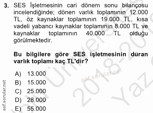 3. soru: SES İşletmesinin cari dönem sonu bilançosu incelendiğinde; dönen varlık toplamının 12.000 TL, öz kaynaklar toplamının…