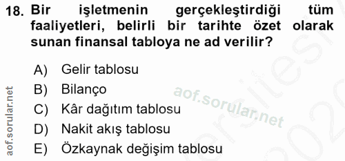 18. soru: Bir işletmenin gerçekleştirdiği tüm faaliyetleri, belirli bir tarihte özet olarak sunan finansal tabloya ne ad verili…