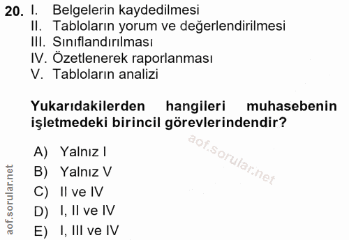 20. soru: 1. Belgelerin kaydedilmesi Il. Tabloların yorum ve degerlendirilmesi III. Sınıflandırılması IV. Ozetlenerek raporlanm…