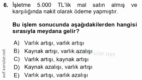 6. soru: İşletme 5.000 TL'lik mal satın almış ve karşılığında nakit olarak ödeme yapmıştır. Bu işlem sonucunda aşağıdakilerden…