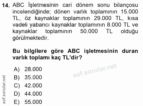 14. soru: ABC İşletmesinin cari dönem sonu bilançosu incelendiğinde; dönen varlık toplamının 15.000 TL, öz kaynaklar toplamının…