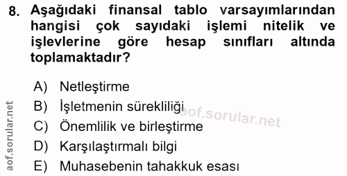 8. soru: Aşağıdaki finansal tablo varsayımlarından hangisi çok sayıdaki işlemi nitelik ve işlevlerine göre hesap sınıfları alt…