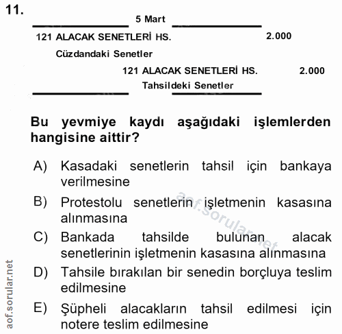 11. soru: 5 Mart 121 ALACAK SENETLERİ HS. 2.000 Cüzdandaki Senetler 121 ALACAK SENETLERİ HS. 2.000 Tahsildeki Senetler Bu yevmi…