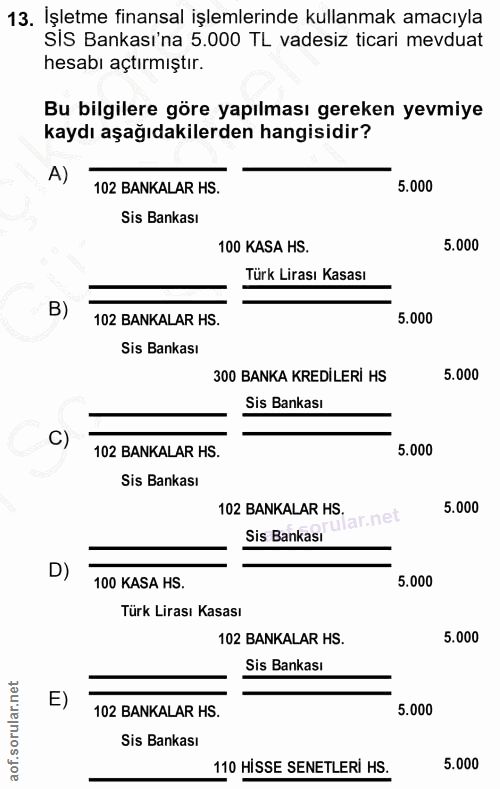 13. soru: İşletme finansal işlemlerinde kullanmak amacıyla sis Bankası'na 5.000 TL vadesiz ticari mevduat hesabı açtırmıştır. B…