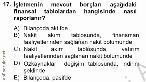17. soru: İşletmenin mevcut borçları aşağıdaki finansal tablolardan hangisinde nasıl raporlanır? A) Bilançoda, aktifde B) Nakit…