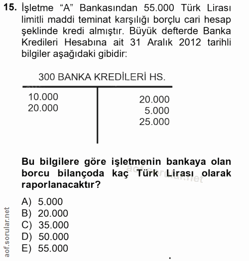 15. soru: İşletme "A" Bankasından 55.000 Türk Lirası limitli maddi teminat karşılığı borçlu cari hesap şeklinde kredi almıştır.…