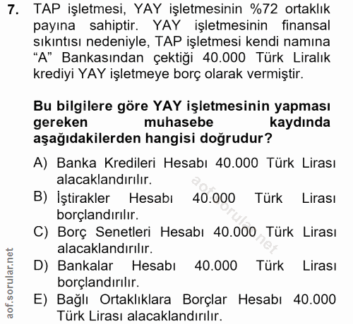 7. soru: TAP işletmesi, YAY işletmesinin %72 ortaklık payına sahiptir. YAY işletmesinin finansal sıkıntısı nedeniyle, TAP işle…