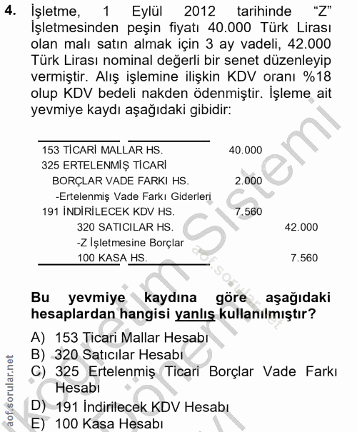 4. soru: İşletme, 1 Eylül 2012 tarihinde "Z" İşletmesinden peşin fiyatı 40.000 Türk Lirası olan malı satın almak için 3 ay vad…