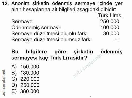 12. soru: Anonim şirketin ödenmiş sermaye içinde yer alan hesaplarına ait bilgileri aşağıdaki gibidir: Türk Lirası Sermaye 250.…