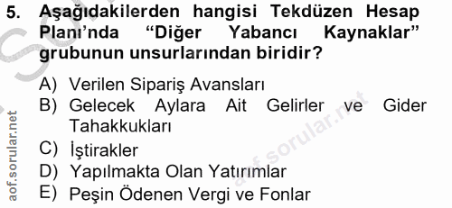 5. soru: Aşağıdakilerden hangisi Tekdüzen Hesap Planı'nda "Diğer Yabancı Kaynaklar" grubunun unsurlarından biridir? A) Verilen…
